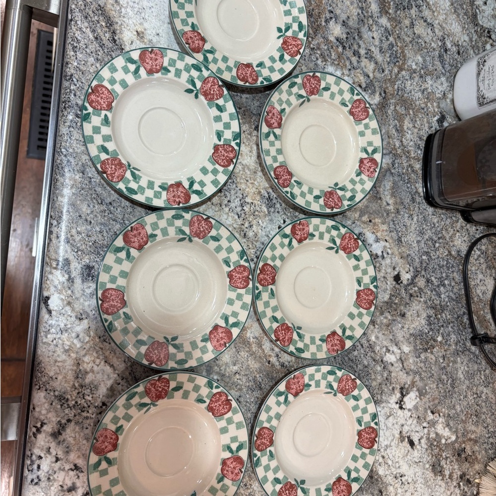 Vintage Green Check & Red Apple Ceramic Saucers - Set of 7 Grandma Core